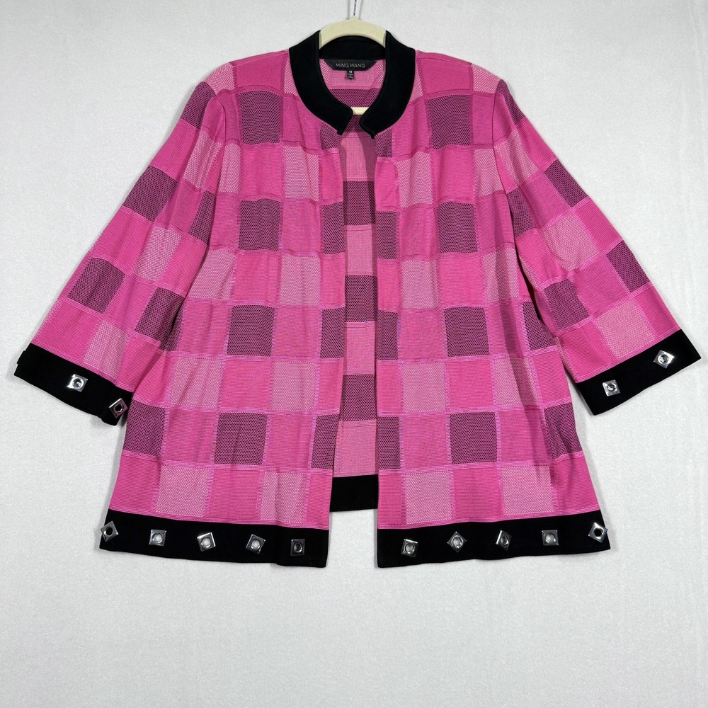 Ming Wang Jacket Womens 1X Statement Cardigan Pink‎ Black Check Geometric Open